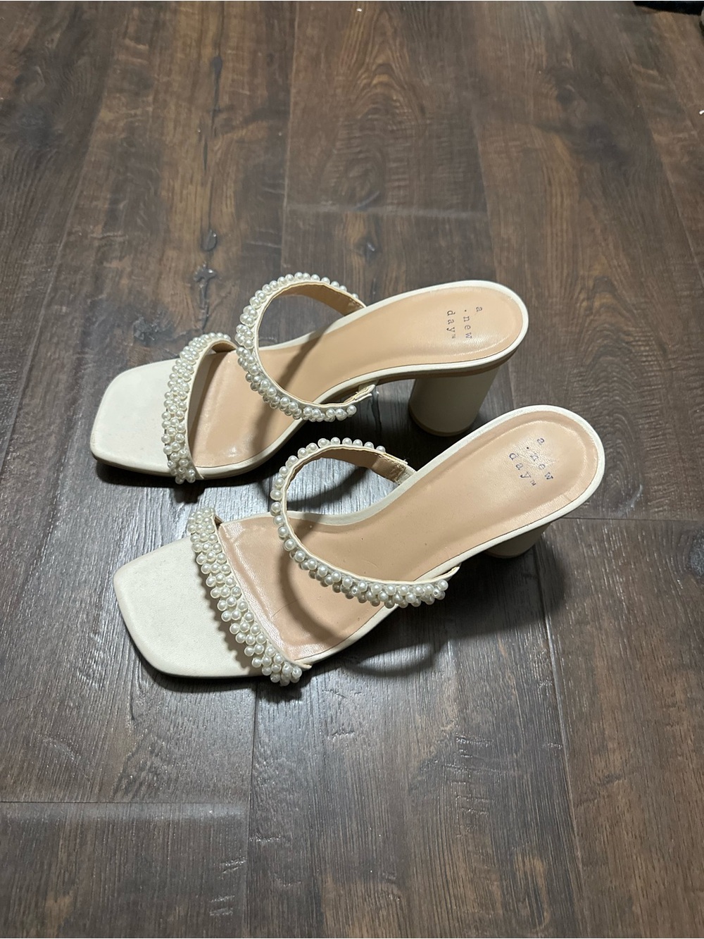 a new day Cream Pearl-Strap Block Heel Slides